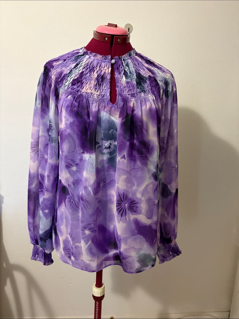 WHBM Long Sleeve Smocked Printed purple lined floral print Blouse size small